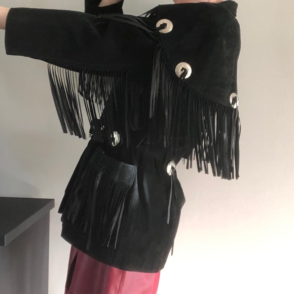 S/M/L 90's western black suede coat /fringe + cape - Picture 9 of 16